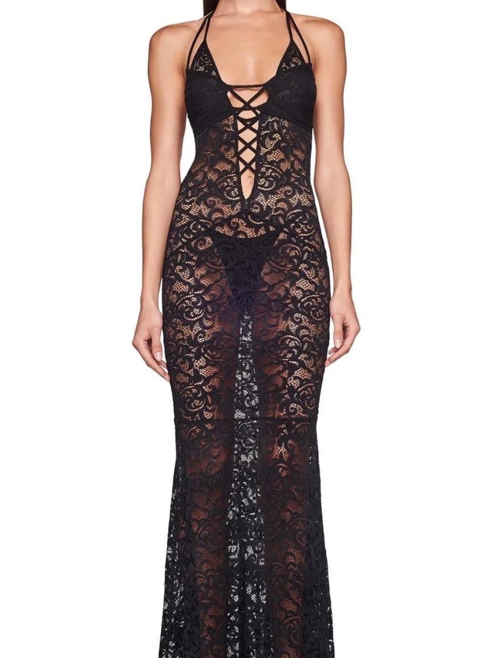 I.AM.GIA Sexy Black Lace Maxi Dress - Sheer Floral Design